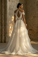 Load image into Gallery viewer, Ruched White Halter A Line Sweep Train Boho Wedding Dress with Ruffles