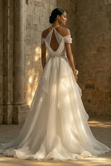 Ruched White Halter A Line Sweep Train Boho Wedding Dress with Ruffles