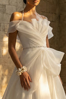 Load image into Gallery viewer, Ruched White Halter A Line Sweep Train Boho Wedding Dress with Ruffles