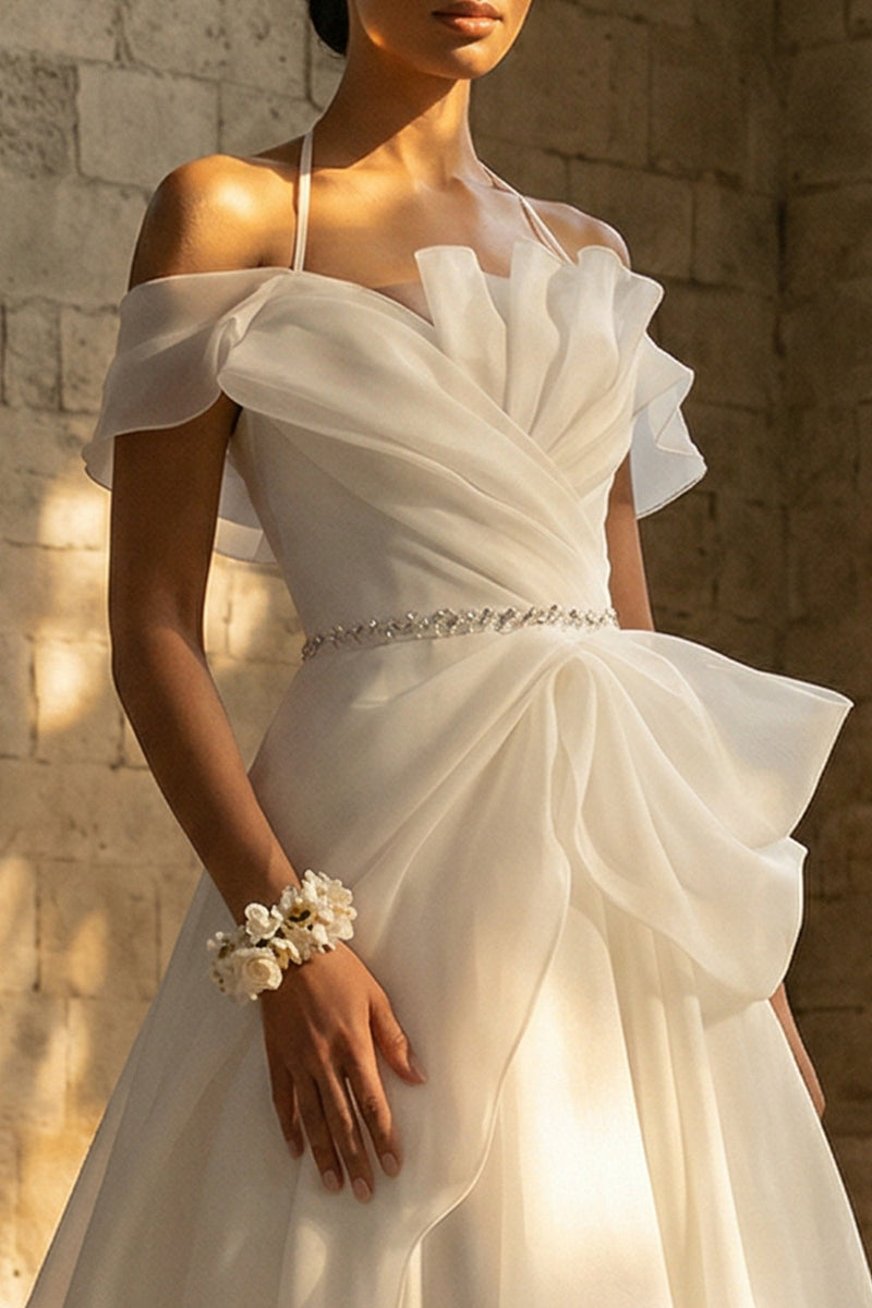 Load image into Gallery viewer, Ruched White Halter A Line Sweep Train Boho Wedding Dress with Ruffles