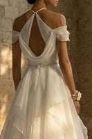 Load image into Gallery viewer, Ruched White Halter A Line Sweep Train Boho Wedding Dress with Ruffles
