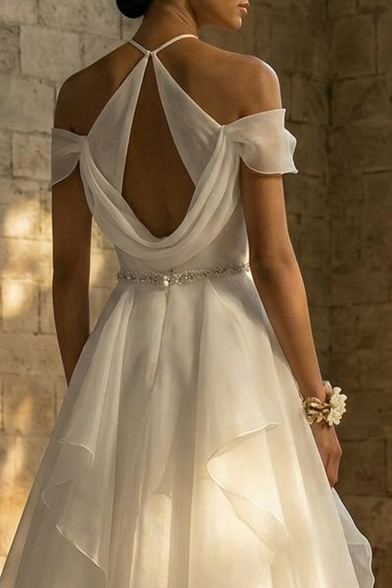 Load image into Gallery viewer, Ruched White Halter A Line Sweep Train Boho Wedding Dress with Ruffles