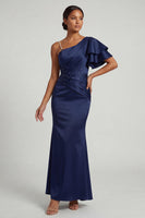 Load image into Gallery viewer, Long Navy Mermaid Ruched Beaded Mother of the Bride Dress with Ruffles