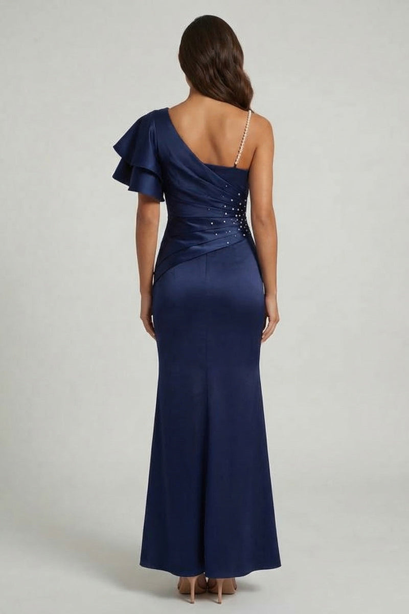 Load image into Gallery viewer, Long Navy Mermaid Ruched Beaded Mother of the Bride Dress with Ruffles