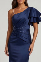 Load image into Gallery viewer, Long Navy Mermaid Ruched Beaded Mother of the Bride Dress with Ruffles