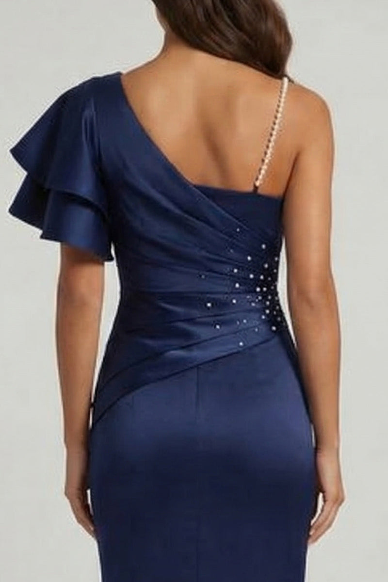 Load image into Gallery viewer, Long Navy Mermaid Ruched Beaded Mother of the Bride Dress with Ruffles