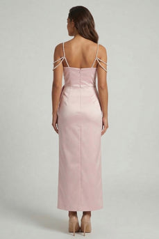 Blush Sheath Long Beaded Mother of the Bride Dress with Bow