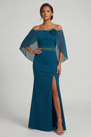 Load image into Gallery viewer, Peacock Blue Mermaid Beaded Long Mother of the Bride Dress with 3D Flower