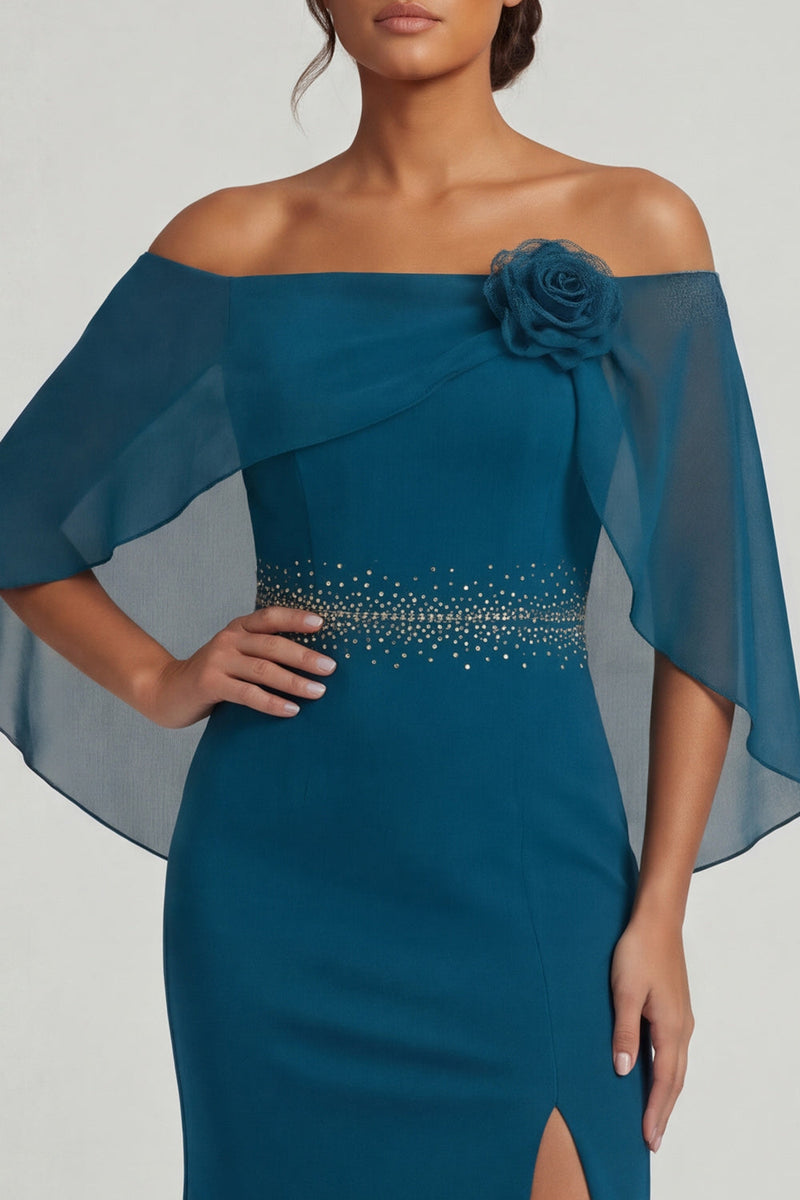 Load image into Gallery viewer, Peacock Blue Mermaid Beaded Long Mother of the Bride Dress with 3D Flower