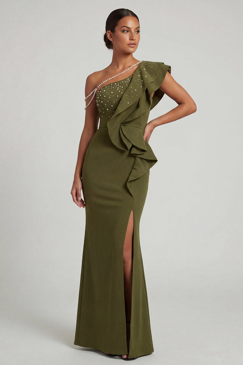 Load image into Gallery viewer, Mermaid Olive Beaded Long Mother of the Bride Dress with Ruffles