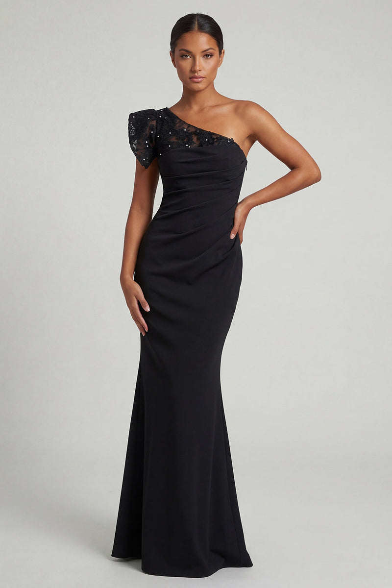 Load image into Gallery viewer, Ruched Long Black Mermaid One Shoulder Evening Dress with Lace