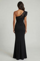 Load image into Gallery viewer, Ruched Long Black Mermaid One Shoulder Evening Dress with Lace