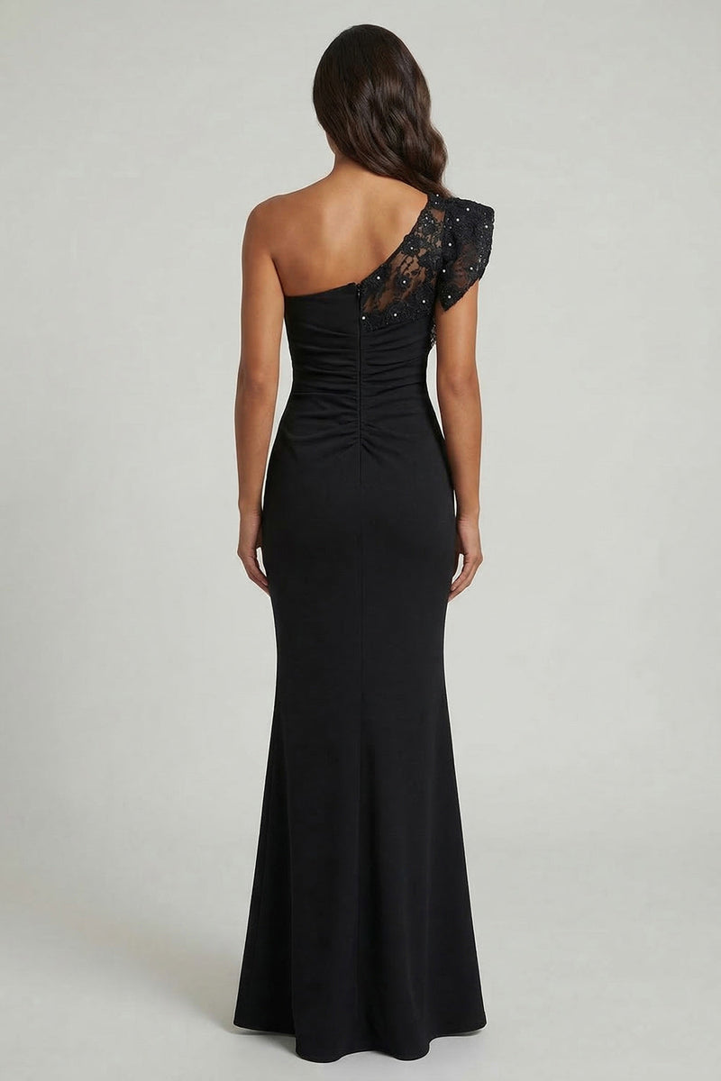 Load image into Gallery viewer, Ruched Long Black Mermaid One Shoulder Evening Dress with Lace