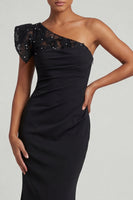 Load image into Gallery viewer, Ruched Long Black Mermaid One Shoulder Evening Dress with Lace