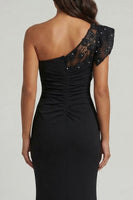 Load image into Gallery viewer, Ruched Long Black Mermaid One Shoulder Evening Dress with Lace