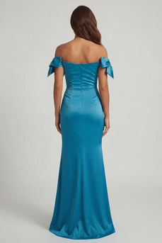 Ruched Mermaid Peacock Green Long Evening Dress with Bow