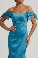 Load image into Gallery viewer, Ruched Mermaid Peacock Green Long Evening Dress with Bow