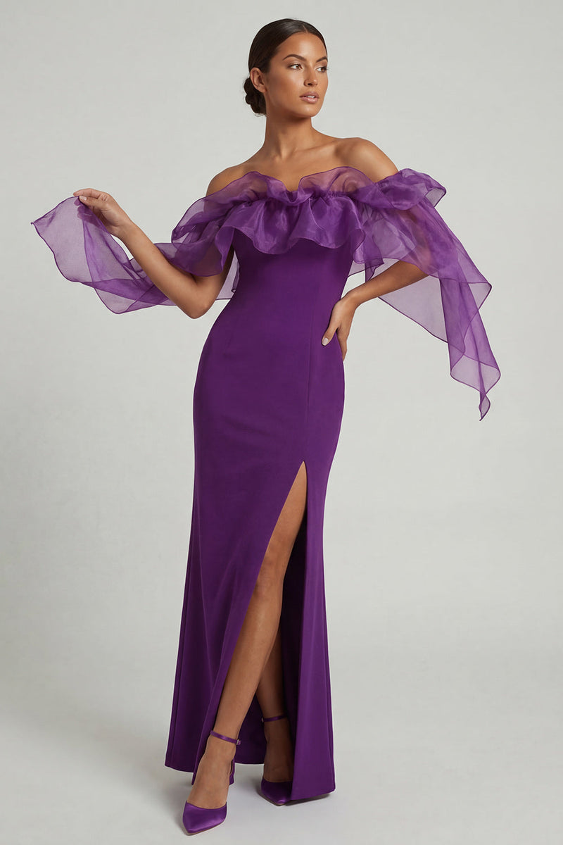 Load image into Gallery viewer, Purple Sheath Long Mother of the Bride Dress with Ruffles