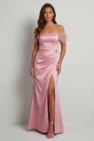 Load image into Gallery viewer, Pink Sheath Ruched Long Mother of the Bride Dress with Slit