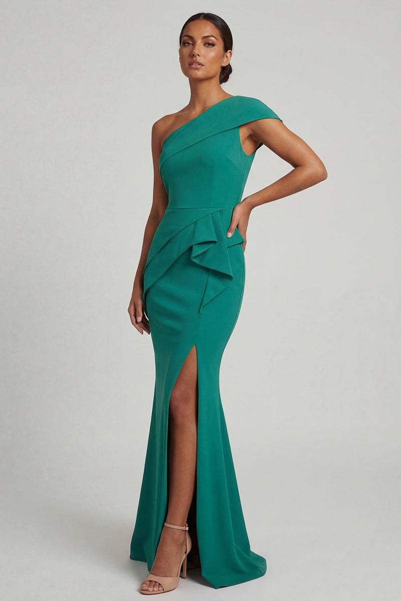 Load image into Gallery viewer, Long One Shoulder Mermaid Dark Green Mother of the Bride Dress with Ruffles