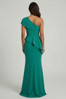 Long One Shoulder Mermaid Dark Green Mother of the Bride Dress with Ruffles