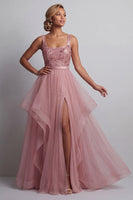 Load image into Gallery viewer, Sparkly Pink A Line Sequin Long Mother of the Bride Dress with Ruffles