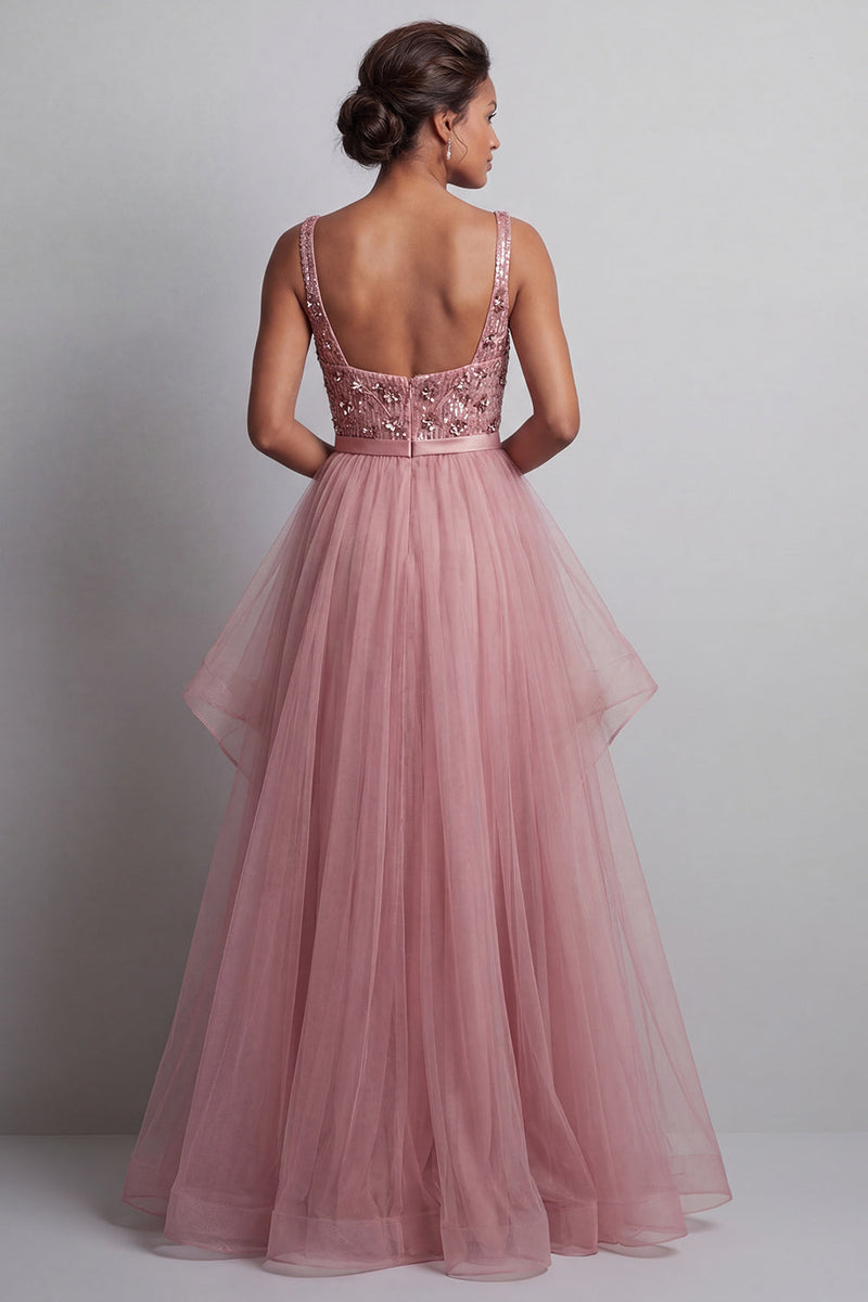 Load image into Gallery viewer, Sparkly Pink A Line Sequin Long Mother of the Bride Dress with Ruffles