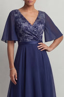 Load image into Gallery viewer, Navy Floral V-Neck A Line Asymmetrical Mother of the Bride Dress