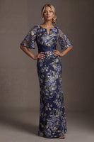 Load image into Gallery viewer, Half Sleeves Navy Long Sheath Floral Mother of the Bride Dress