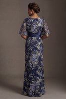 Load image into Gallery viewer, Half Sleeves Navy Long Sheath Floral Mother of the Bride Dress