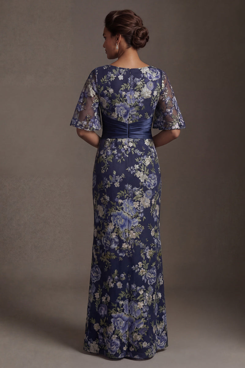 Load image into Gallery viewer, Half Sleeves Navy Long Sheath Floral Mother of the Bride Dress