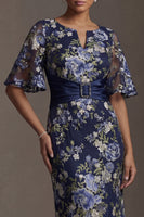 Load image into Gallery viewer, Half Sleeves Navy Long Sheath Floral Mother of the Bride Dress