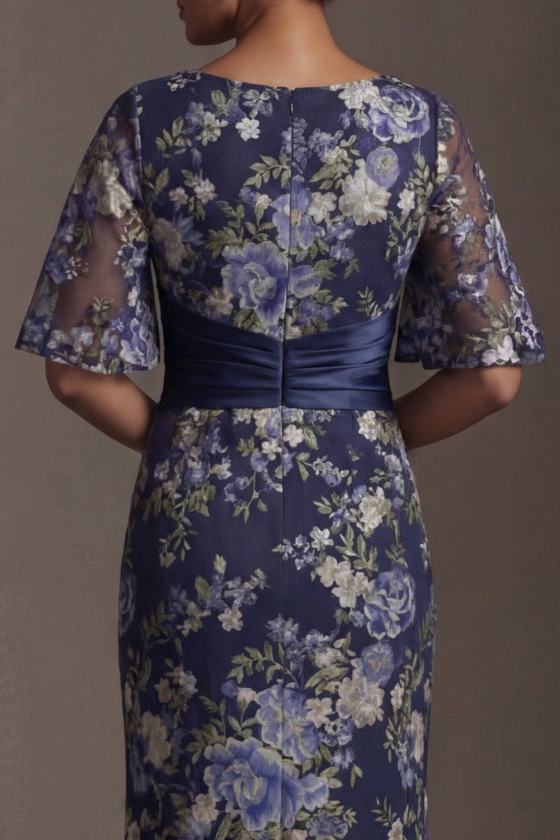 Load image into Gallery viewer, Half Sleeves Navy Long Sheath Floral Mother of the Bride Dress