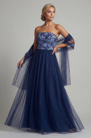Load image into Gallery viewer, A Line Floral Navy Long Mother of the Bride Dress with Shawl