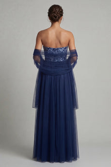A Line Floral Navy Long Mother of the Bride Dress with Shawl