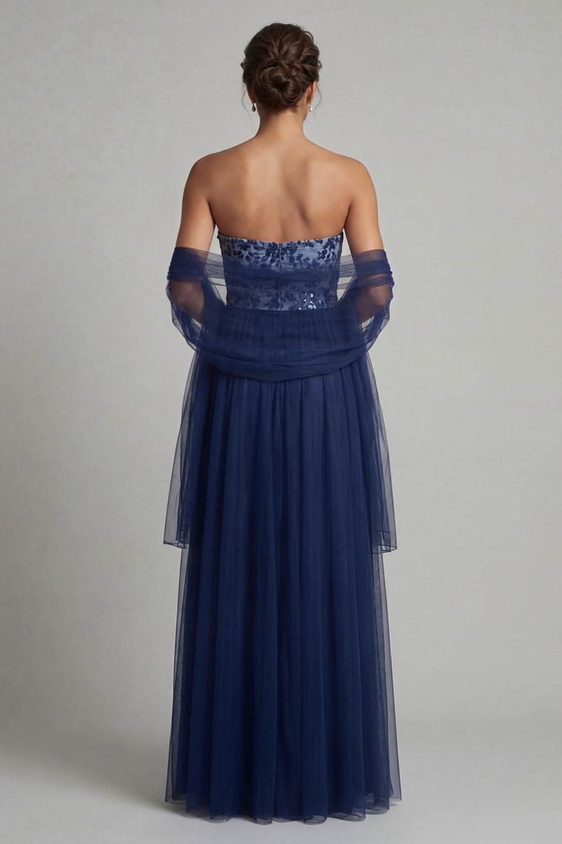 Load image into Gallery viewer, A Line Floral Navy Long Mother of the Bride Dress with Shawl