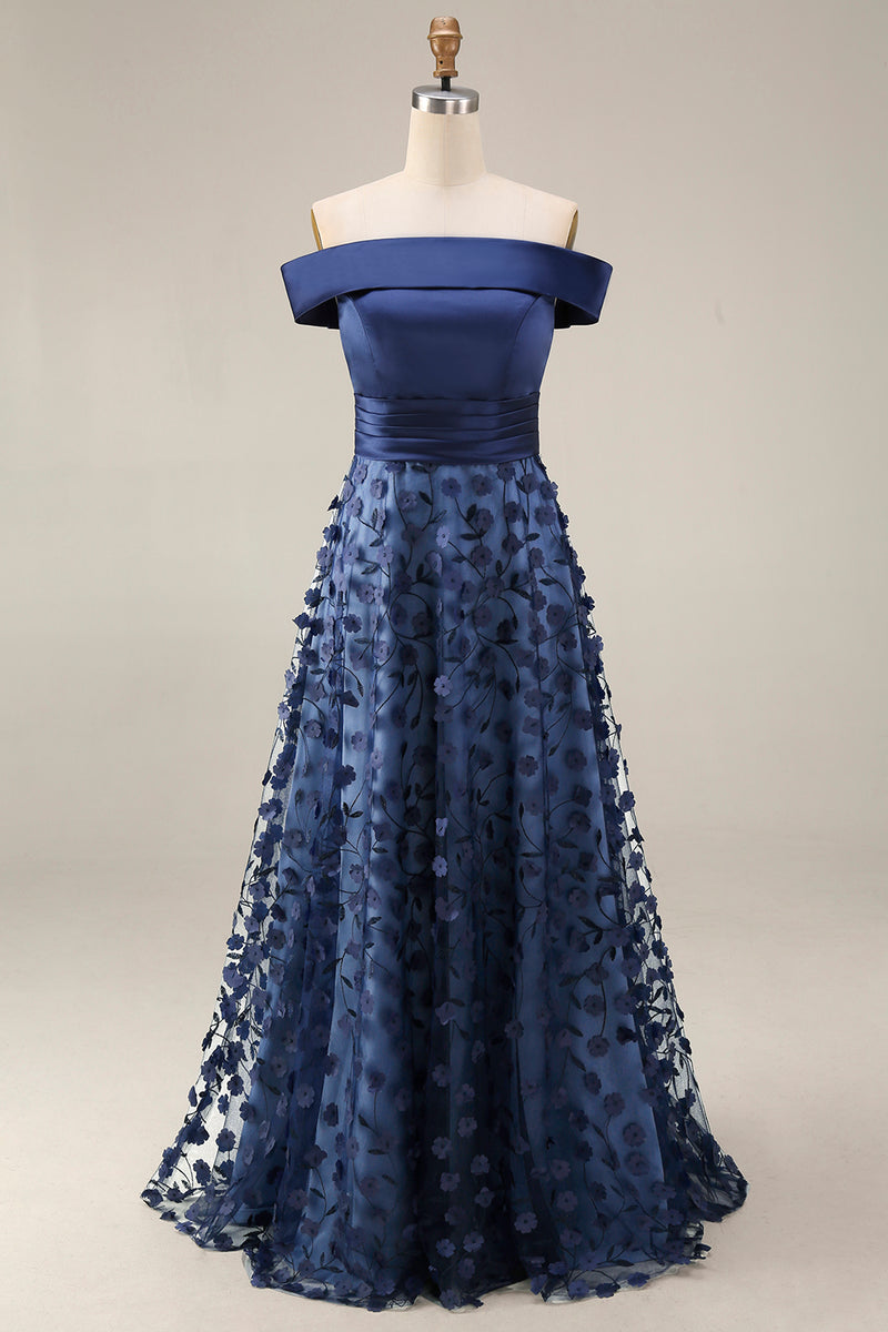 Load image into Gallery viewer, Navy Long A Line Floral Beaded Mother of the Bride Dress