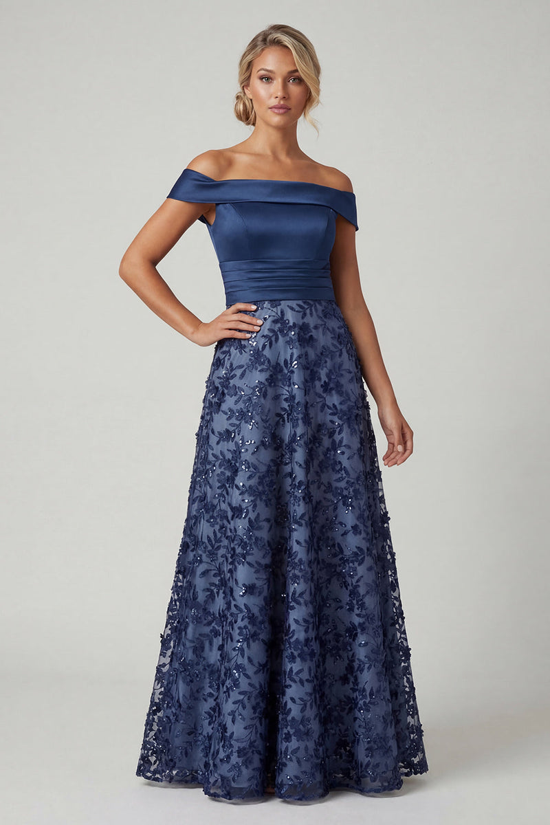Load image into Gallery viewer, Navy Long A Line Floral Beaded Mother of the Bride Dress