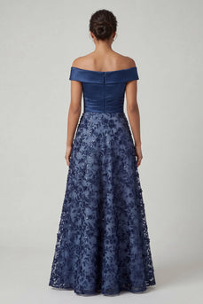 Navy Long A Line Floral Beaded Mother of the Bride Dress