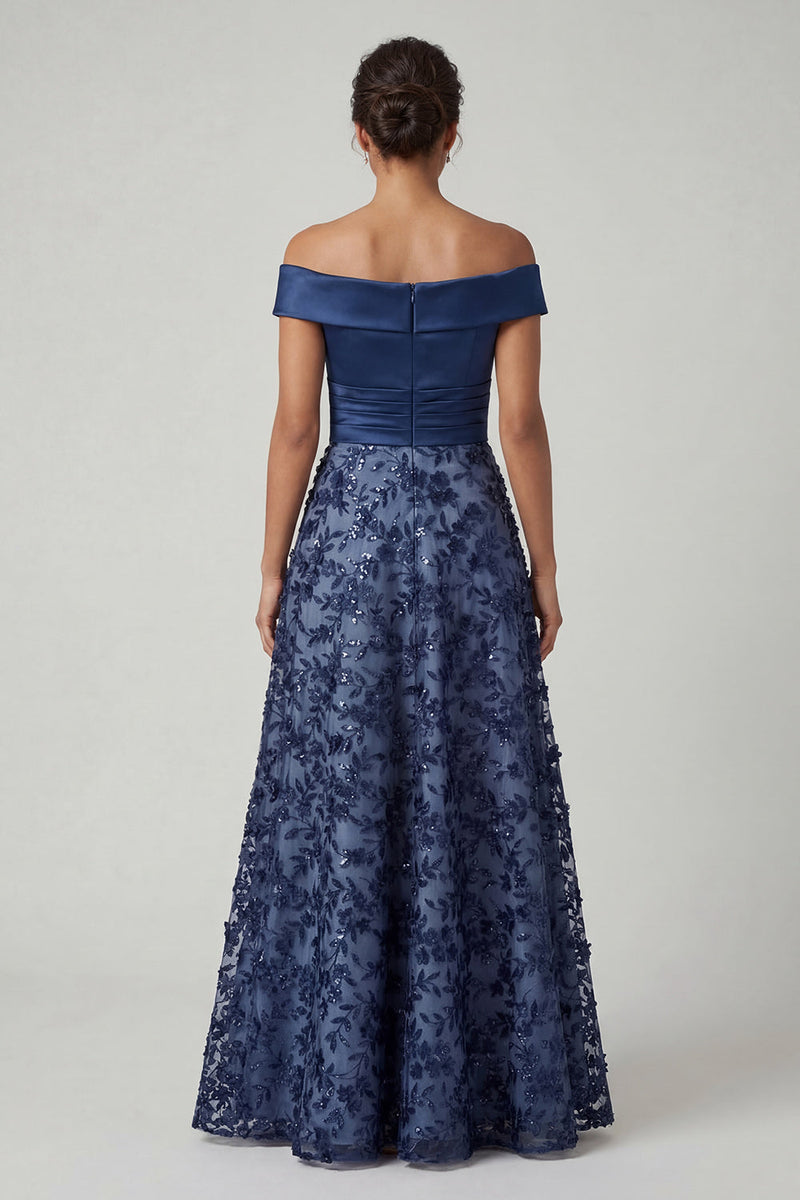 Load image into Gallery viewer, Navy Long A Line Floral Beaded Mother of the Bride Dress