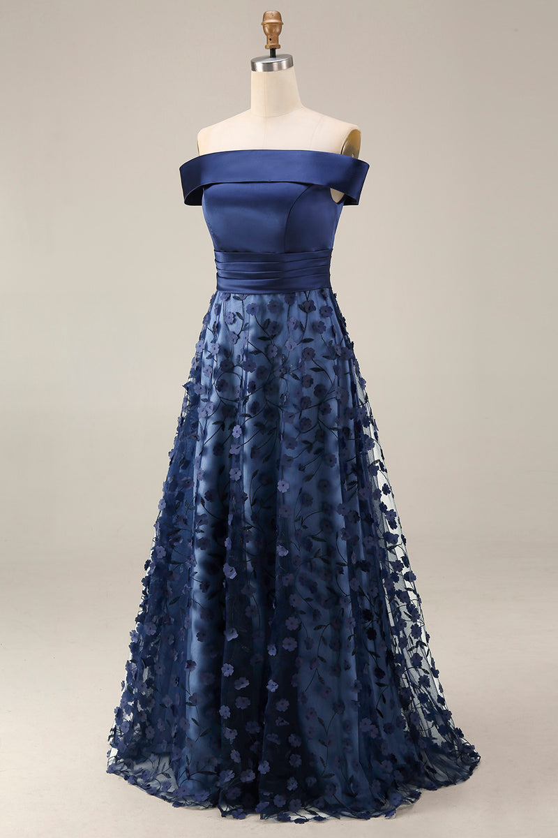 Load image into Gallery viewer, Navy Long A Line Floral Beaded Mother of the Bride Dress