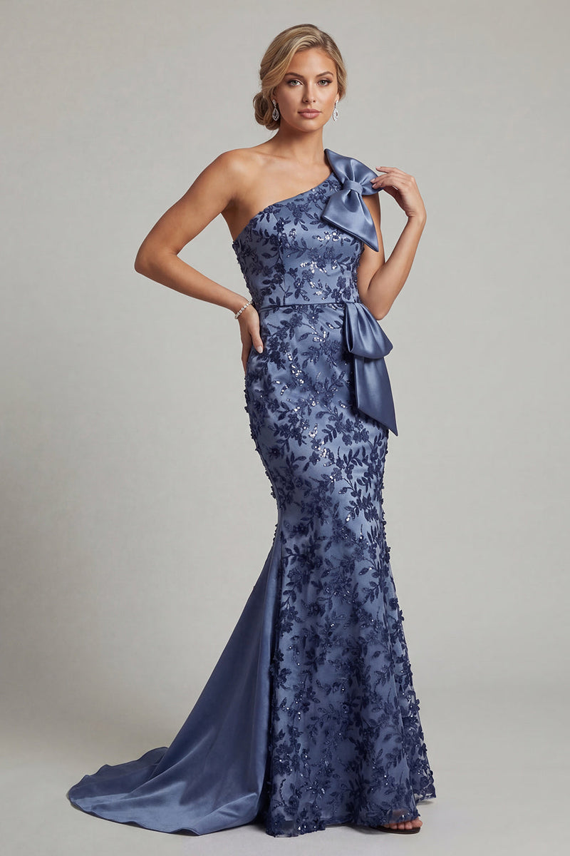 Load image into Gallery viewer, Floral Long Navy Mermaid Mother of the Bride Dress with Bow