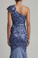 Load image into Gallery viewer, Floral Long Navy Mermaid Mother of the Bride Dress with Bow