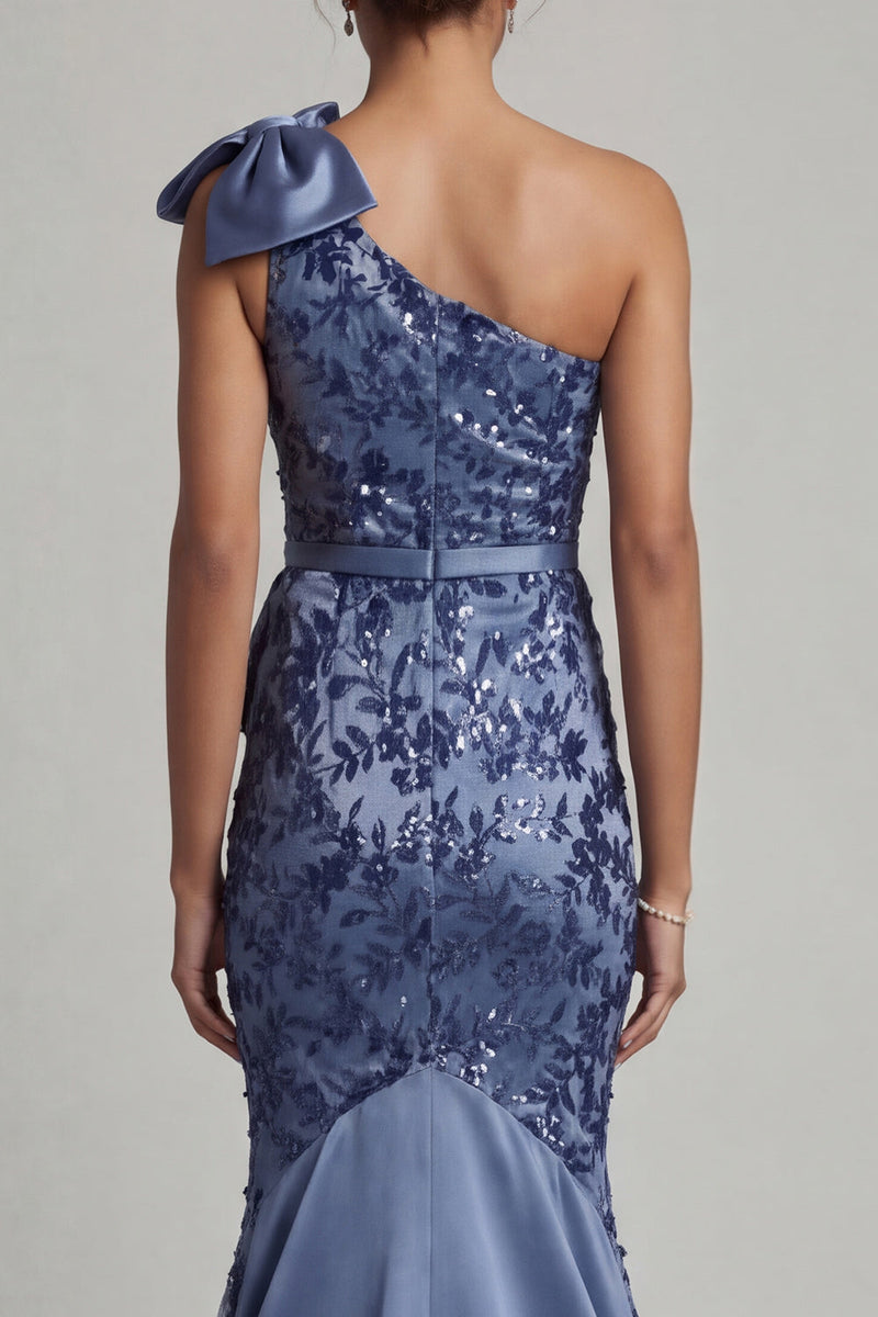 Load image into Gallery viewer, Floral Long Navy Mermaid Mother of the Bride Dress with Bow