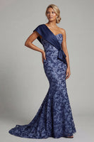 Load image into Gallery viewer, Mermaid Long Navy Floral One Shoulder Mother of the Bride Dress