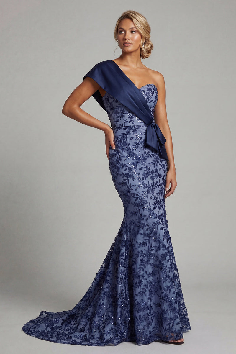 Load image into Gallery viewer, Mermaid Long Navy Floral One Shoulder Mother of the Bride Dress