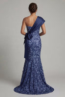 Load image into Gallery viewer, Mermaid Long Navy Floral One Shoulder Mother of the Bride Dress