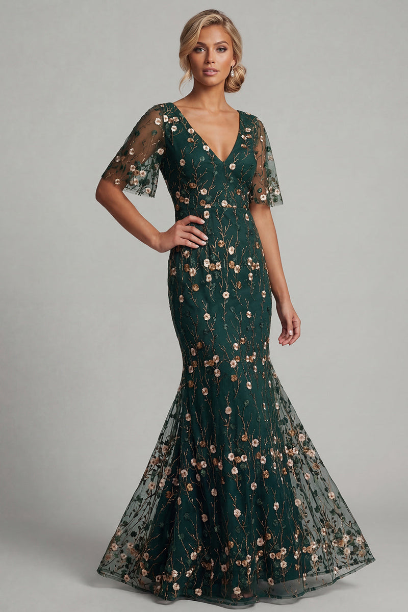 Load image into Gallery viewer, Mermaid Long V-Neck Dark Green Floral Mother of the Bride Dress