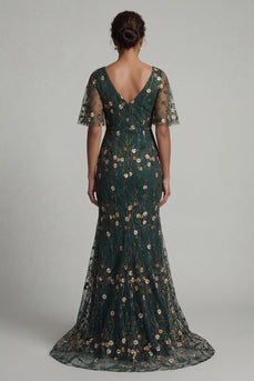 Mermaid Long V-Neck Dark Green Floral Mother of the Bride Dress