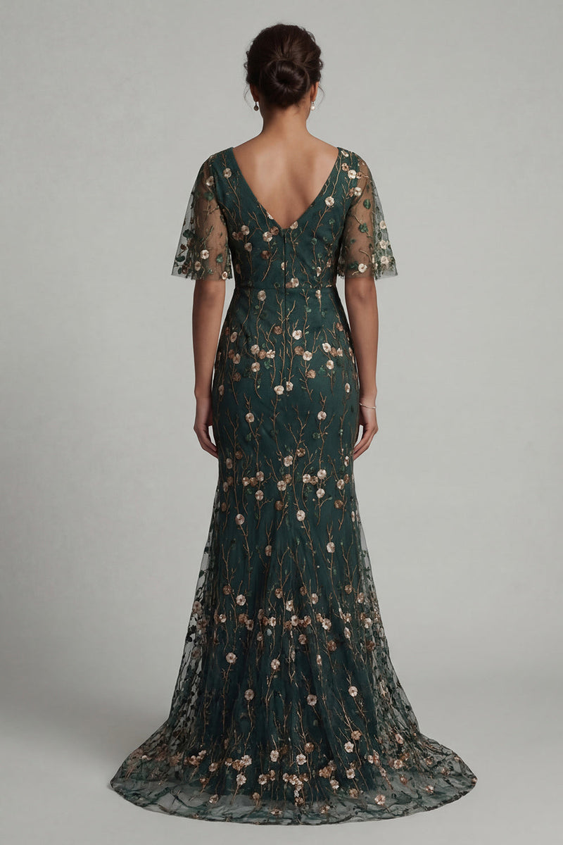Load image into Gallery viewer, Mermaid Long V-Neck Dark Green Floral Mother of the Bride Dress